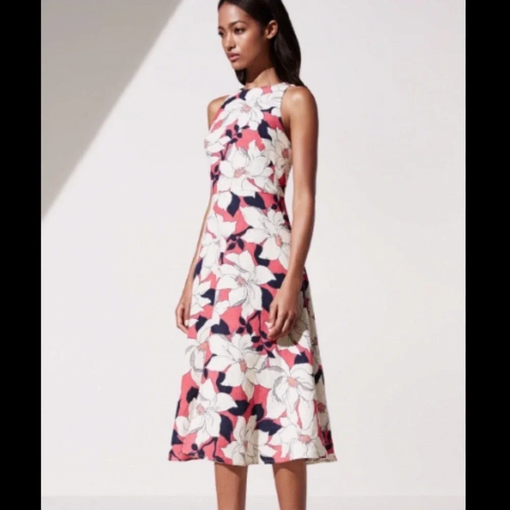 Ann Taylor Pink Tropical Floral Midi Linen Blend Summer Sun Dress Size 6